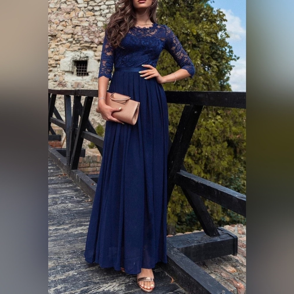 New Lace Top Pleated Maxi Dress Gown Navy Blue